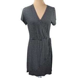 Tehama Black White Stripe V-Neck Faux Wrap Short Sleeve Dress Size M Medium